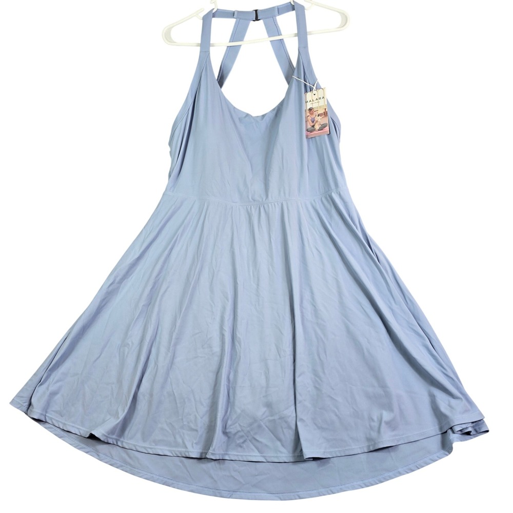 Halara Activity Dress Women 2X Blue Halter V-Neck Built-in Shorts Golf Tennis